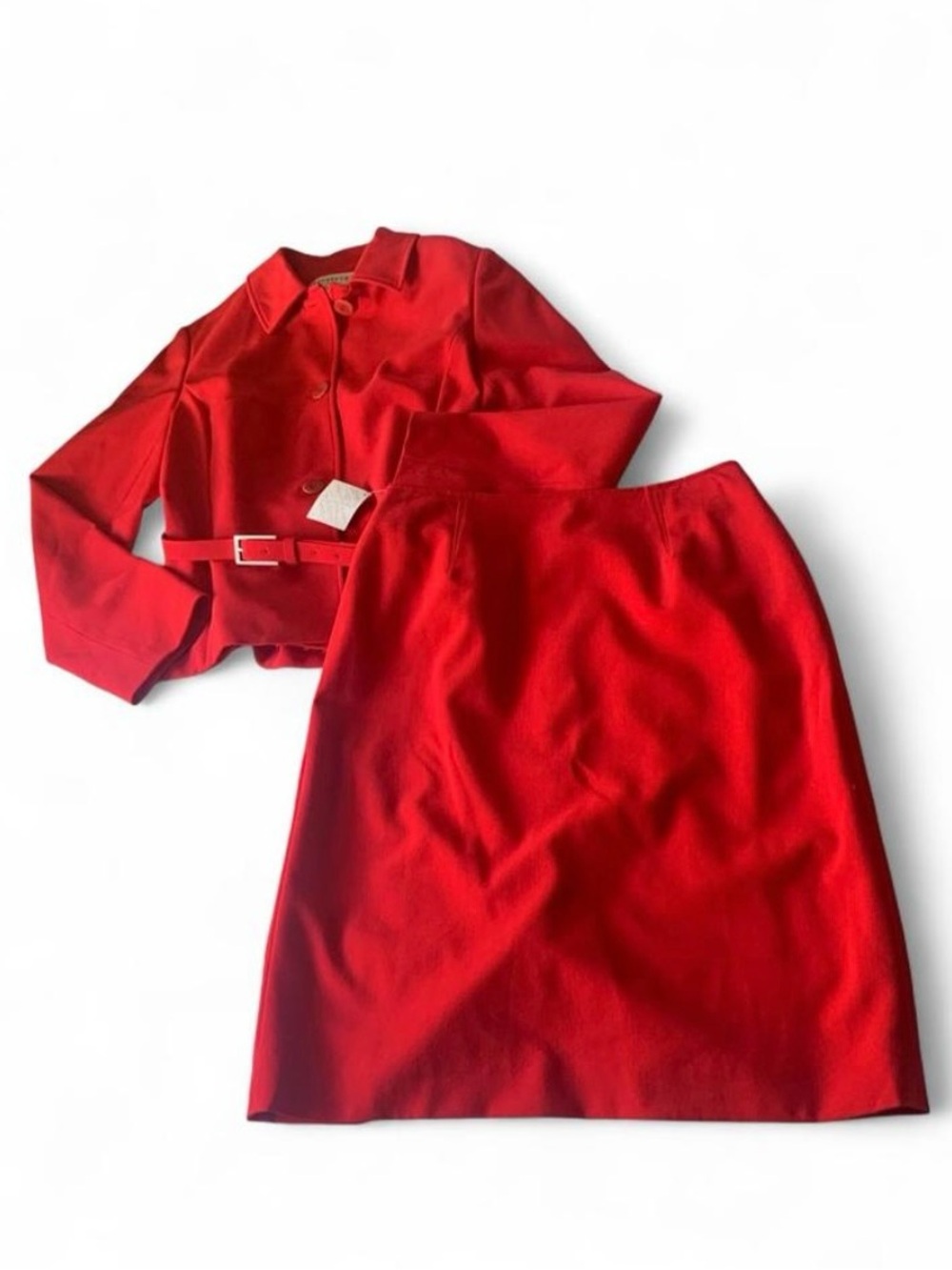Apostrophe skirt suit set red business casual belt Size 4 luxe preppy academia